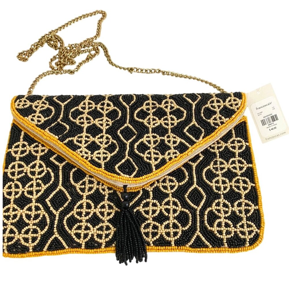 Francesca’s NWT Black Gold Beaded Envelope Clutch Crossbody Bag Tassel Chain